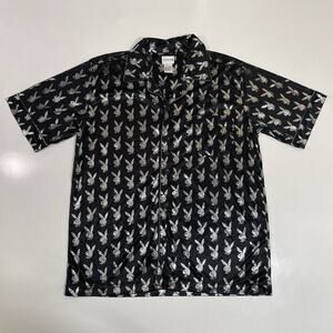 VTG Playboy Shirt Men’s Small Black Chrome Logo Print Play Boy Club Bunny Button